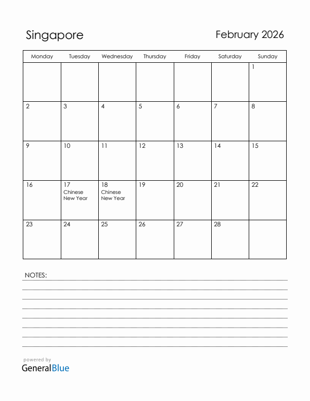 February 2026 Singapore Calendar with Holidays (Monday Start)