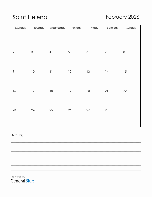 February 2026 Saint Helena Calendar with Holidays (Monday Start)