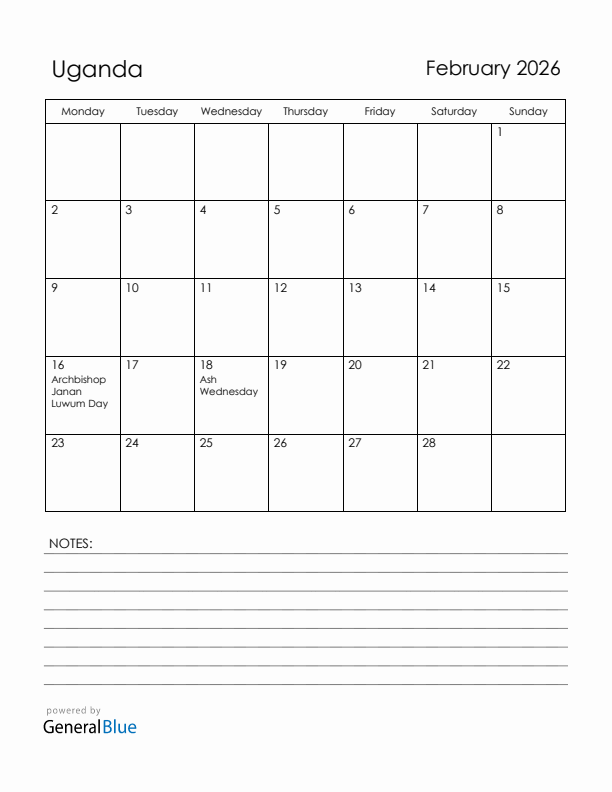 February 2026 Uganda Calendar with Holidays (Monday Start)