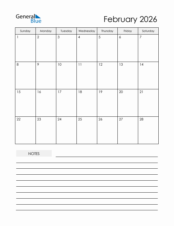 Printable Calendar with Notes - February 2026 