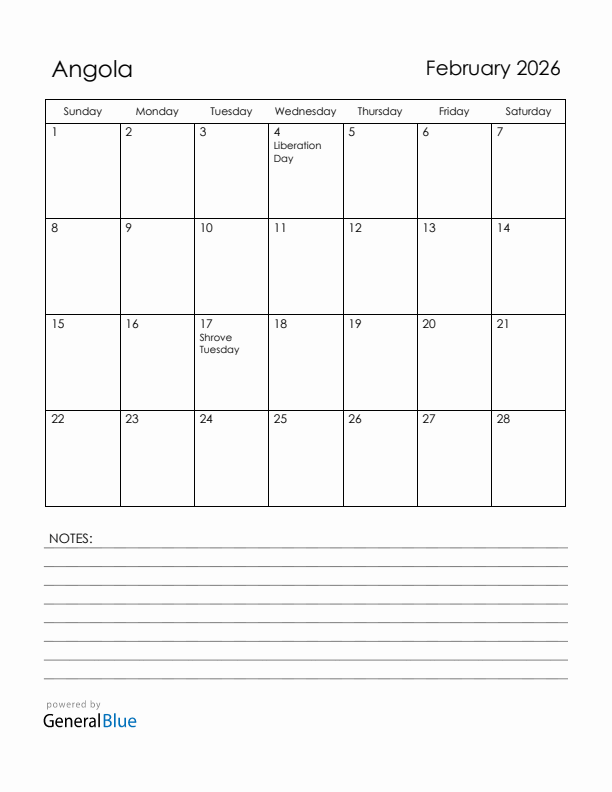 February 2026 Angola Calendar with Holidays (Sunday Start)