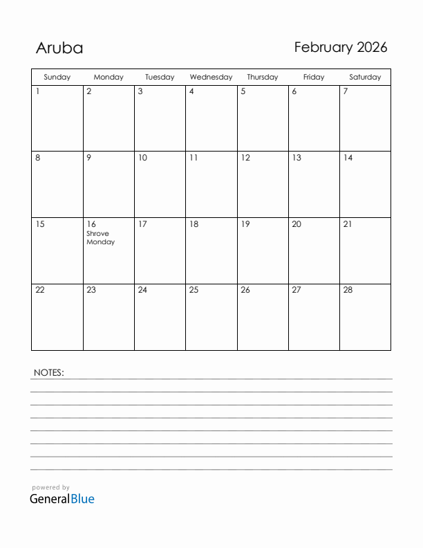 February 2026 Aruba Calendar with Holidays (Sunday Start)