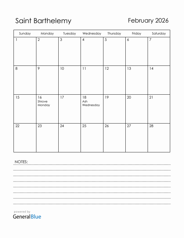February 2026 Saint Barthelemy Calendar with Holidays (Sunday Start)