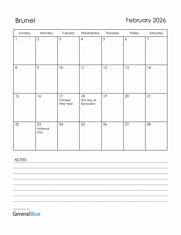 February 2026 Brunei Calendar with Holidays (Sunday Start)