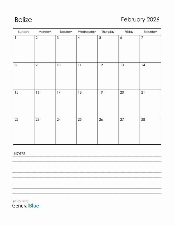 February 2026 Belize Calendar with Holidays (Sunday Start)