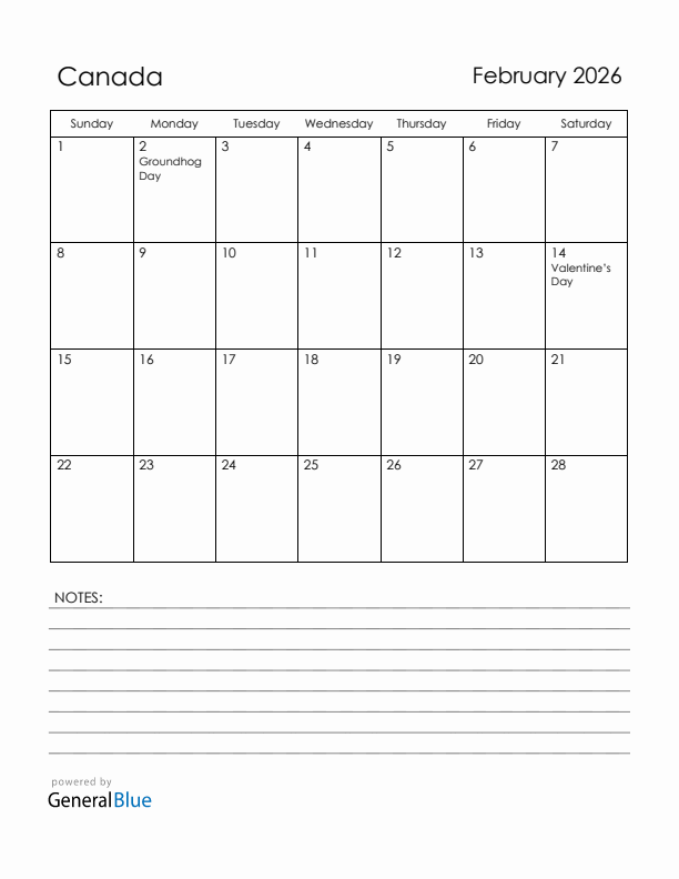 February 2026 Canada Calendar with Holidays (Sunday Start)
