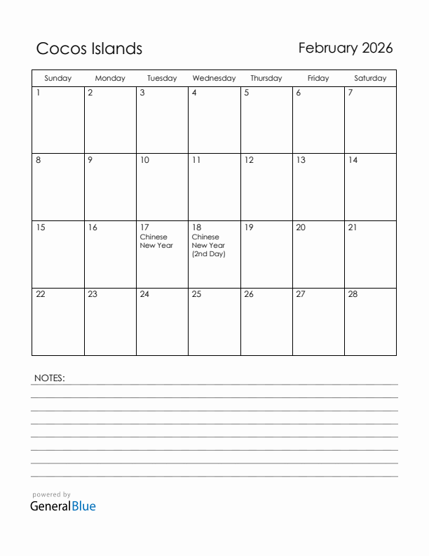February 2026 Cocos Islands Calendar with Holidays (Sunday Start)