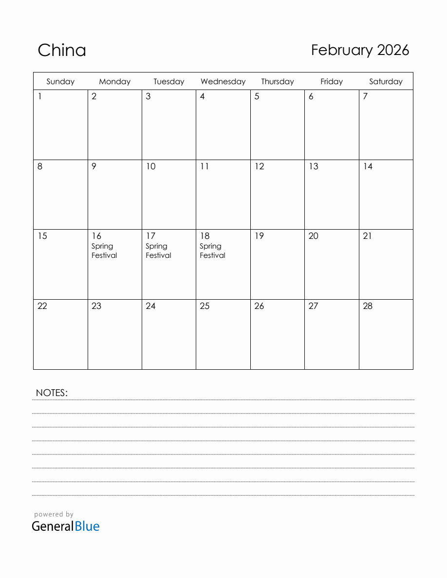 February 2026 China Calendar with Holidays