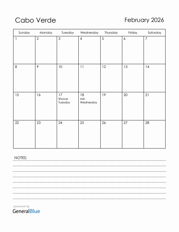 February 2026 Cabo Verde Calendar with Holidays (Sunday Start)
