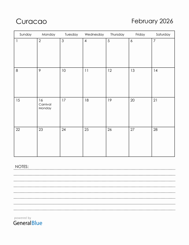 February 2026 Curacao Calendar with Holidays (Sunday Start)