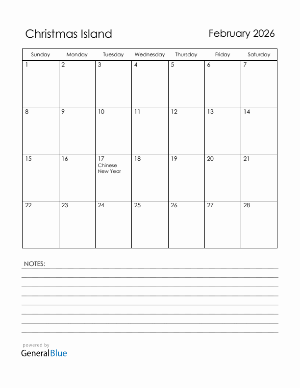 February 2026 Christmas Island Calendar with Holidays (Sunday Start)