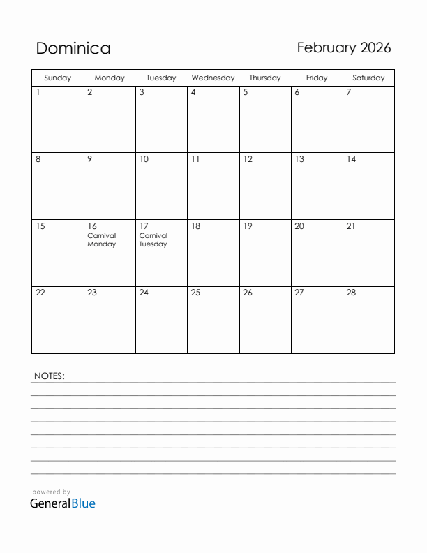 February 2026 Dominica Calendar with Holidays (Sunday Start)