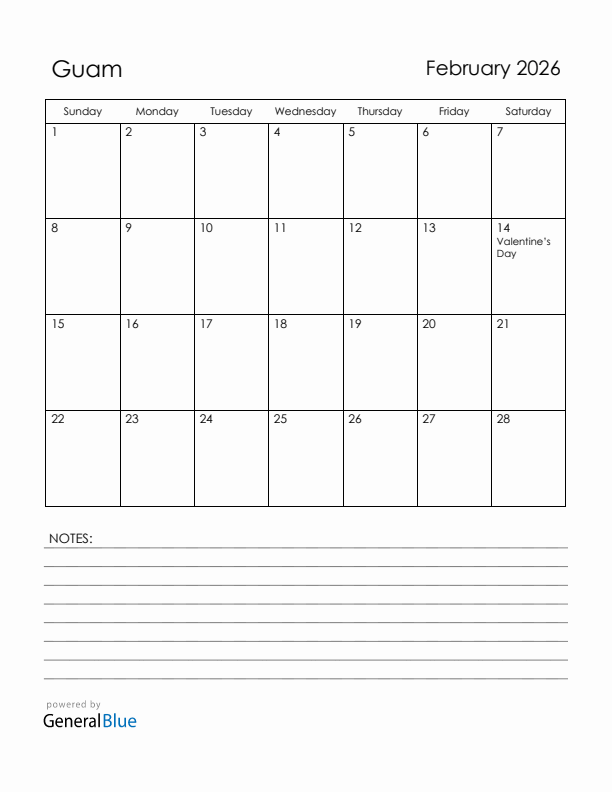 February 2026 Guam Calendar with Holidays (Sunday Start)