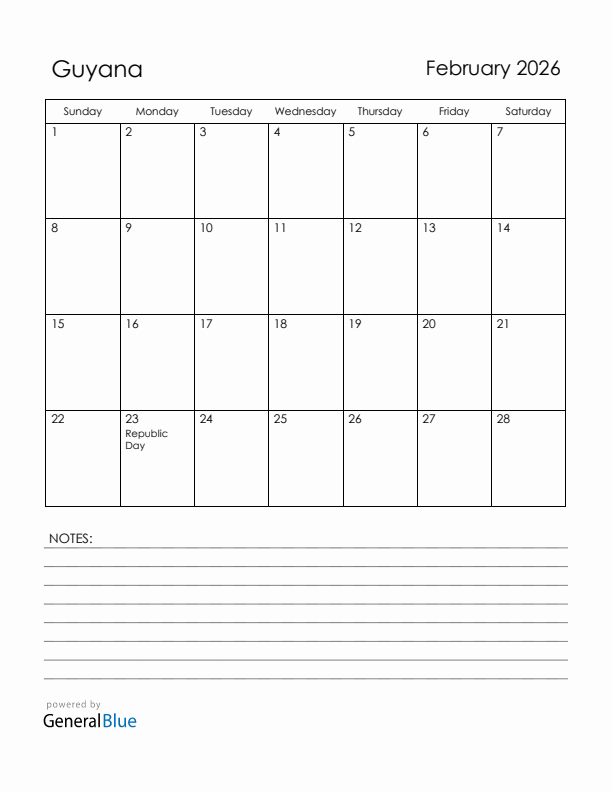 February 2026 Guyana Calendar with Holidays (Sunday Start)