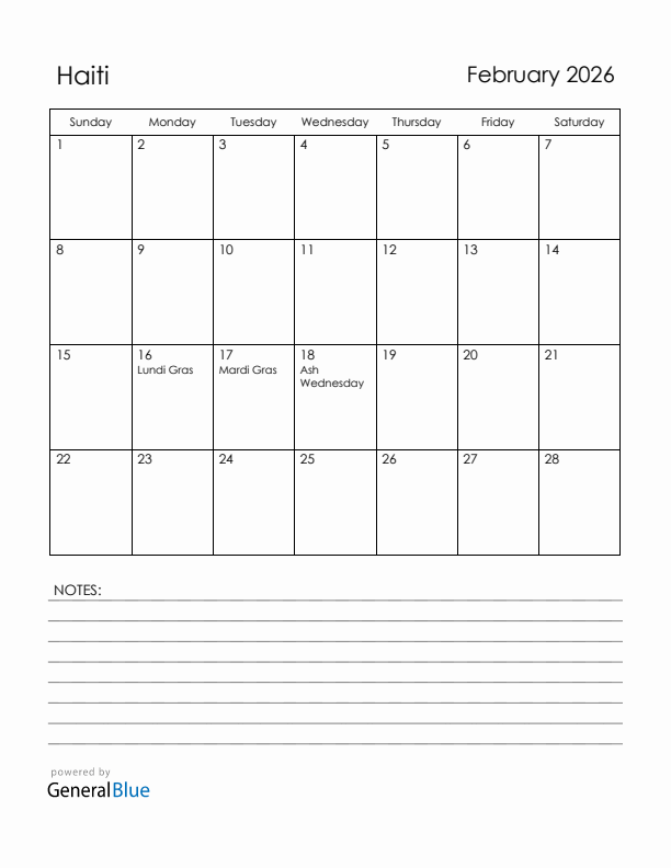 February 2026 Haiti Calendar with Holidays (Sunday Start)
