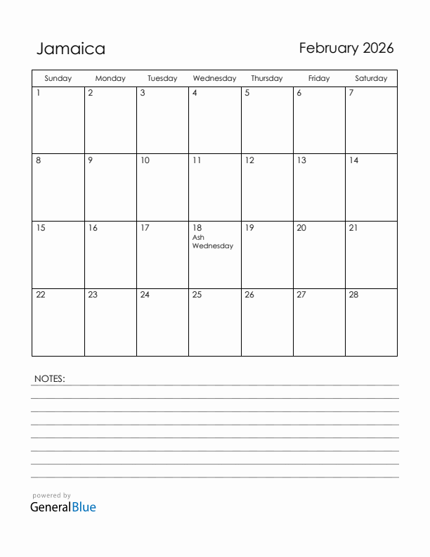 February 2026 Jamaica Calendar with Holidays (Sunday Start)