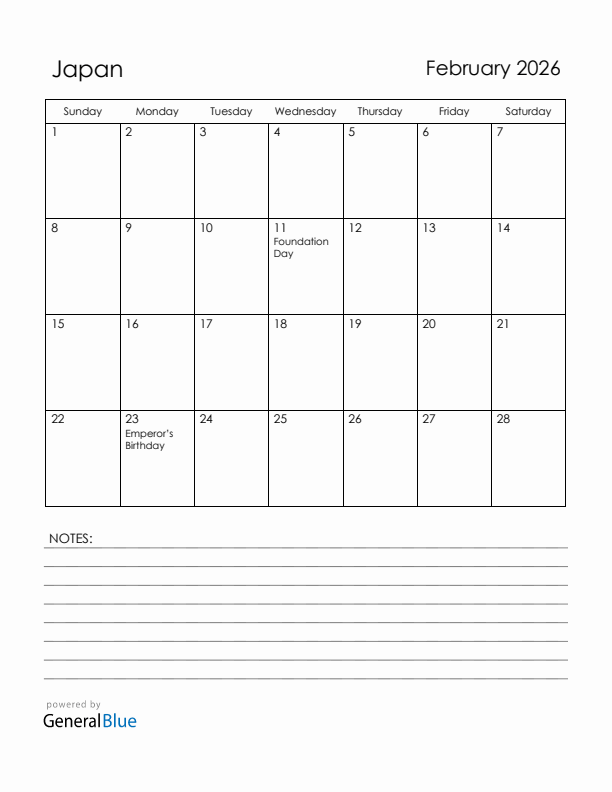 February 2026 Japan Calendar with Holidays (Sunday Start)