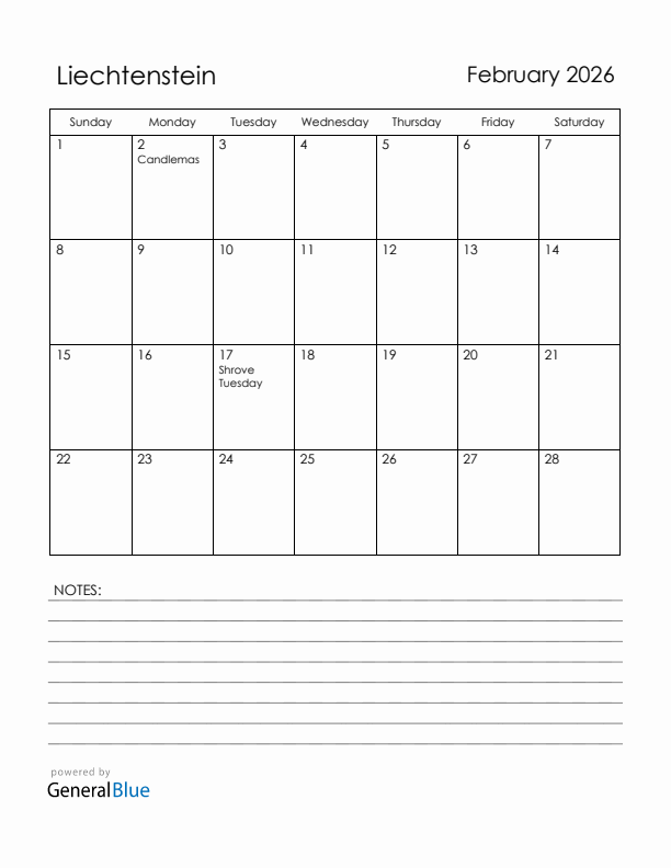 February 2026 Liechtenstein Calendar with Holidays (Sunday Start)