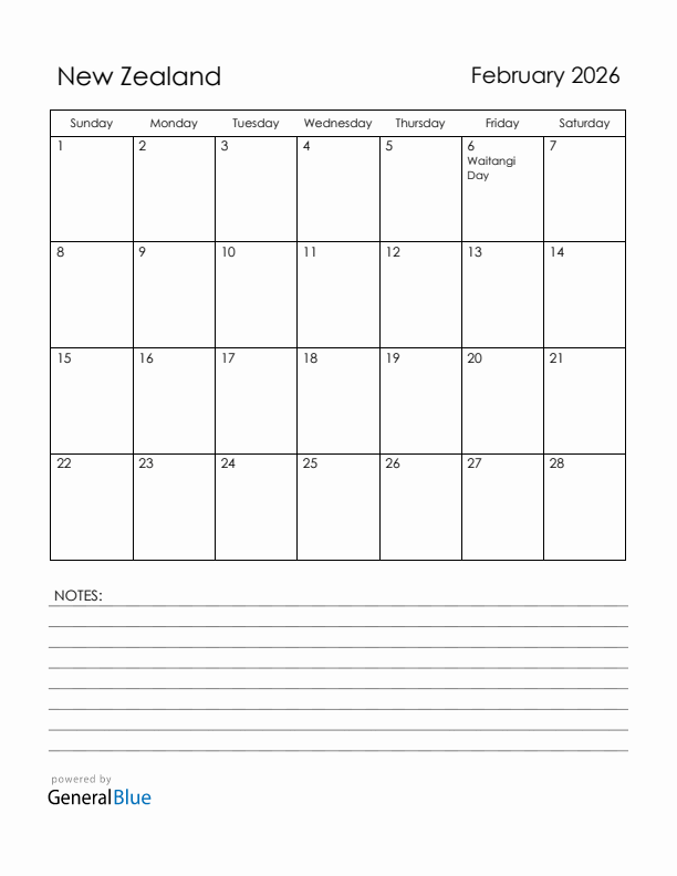 February 2026 New Zealand Calendar with Holidays (Sunday Start)