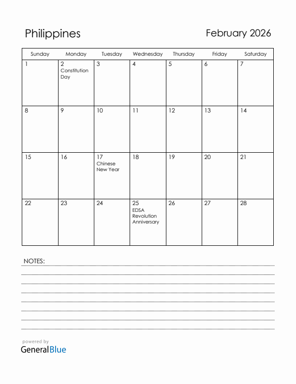 February 2026 Philippines Calendar with Holidays (Sunday Start)