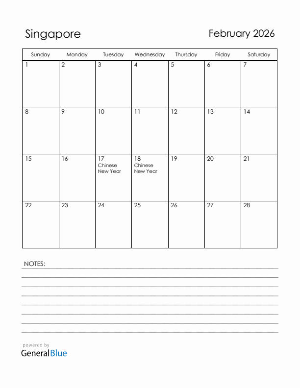 February 2026 Singapore Calendar with Holidays (Sunday Start)