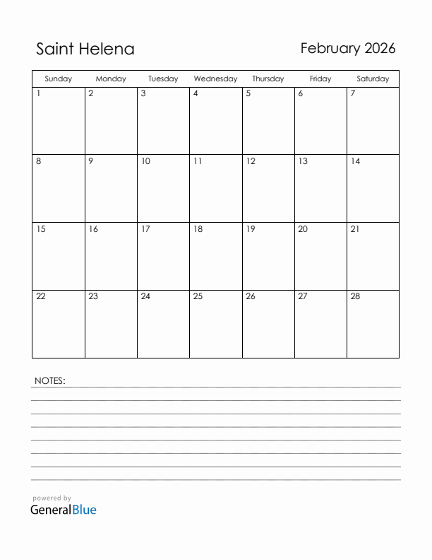 February 2026 Saint Helena Calendar with Holidays (Sunday Start)