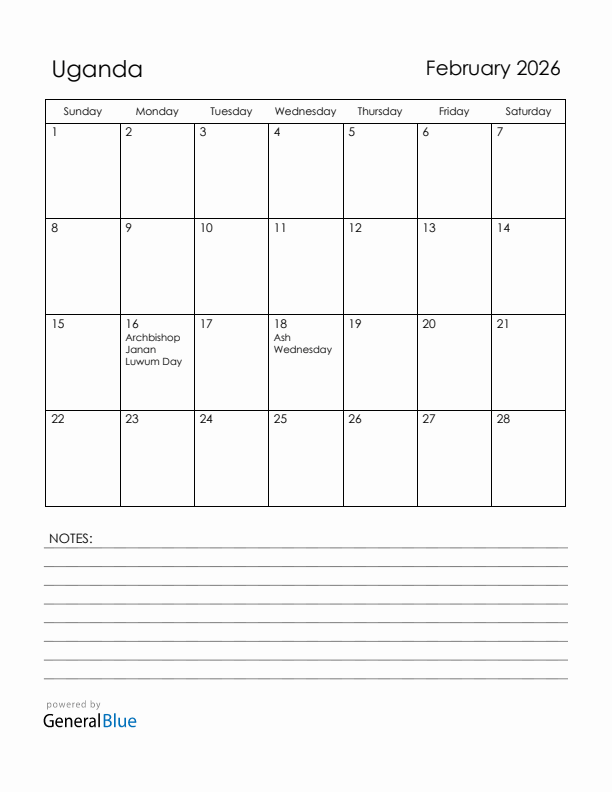 February 2026 Uganda Calendar with Holidays (Sunday Start)