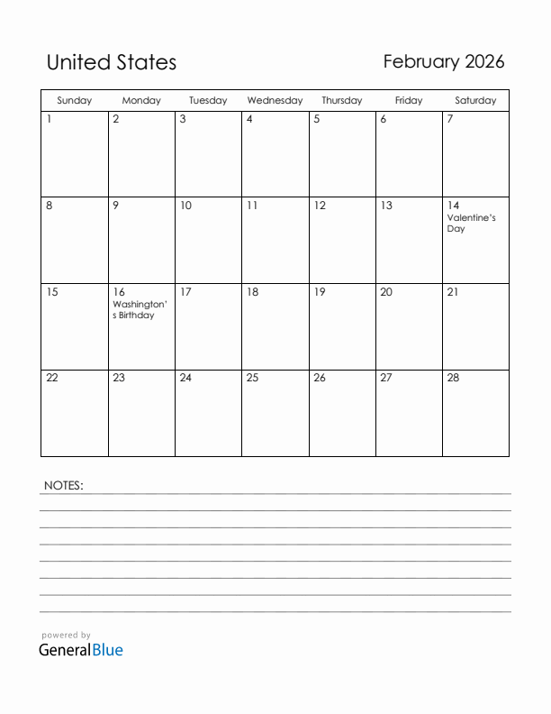 February 2026 United States Calendar with Holidays (Sunday Start)