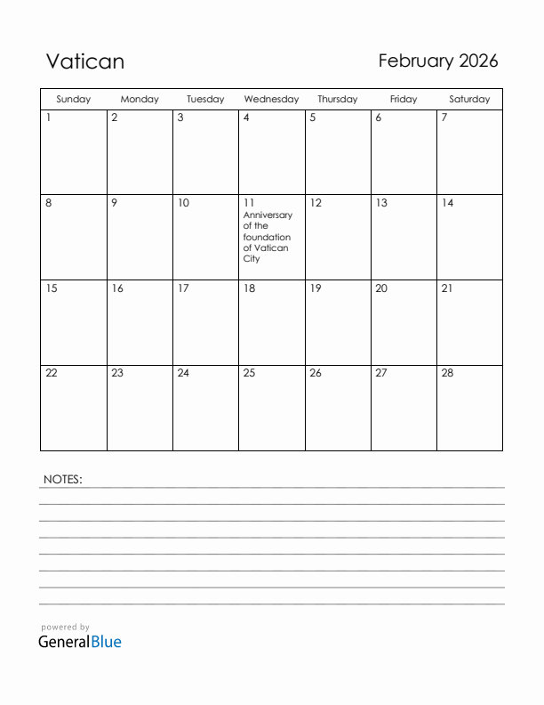 February 2026 Vatican Calendar with Holidays (Sunday Start)