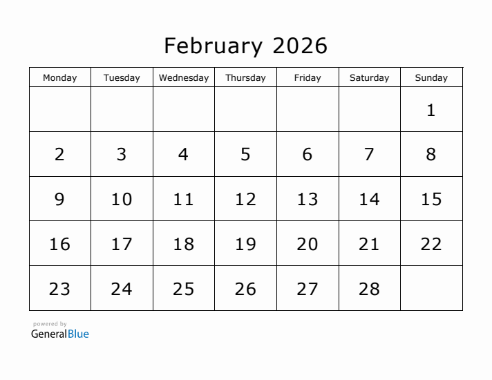 Printable February 2026 Calendar