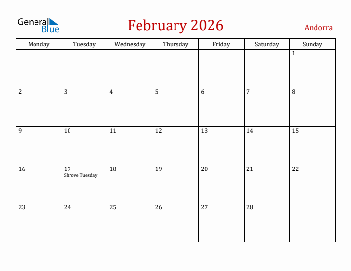 Andorra February 2026 Calendar - Monday Start