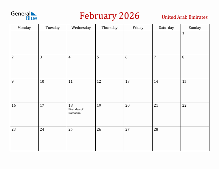 United Arab Emirates February 2026 Calendar - Monday Start