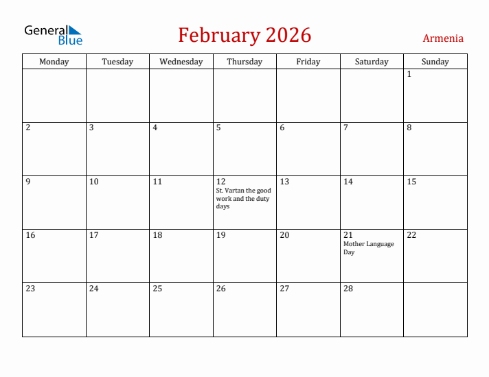 Armenia February 2026 Calendar - Monday Start
