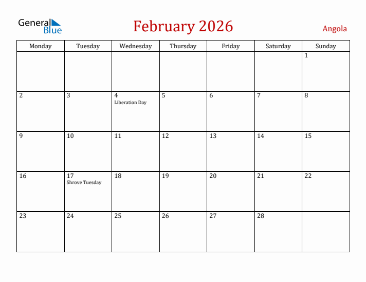 Angola February 2026 Calendar - Monday Start
