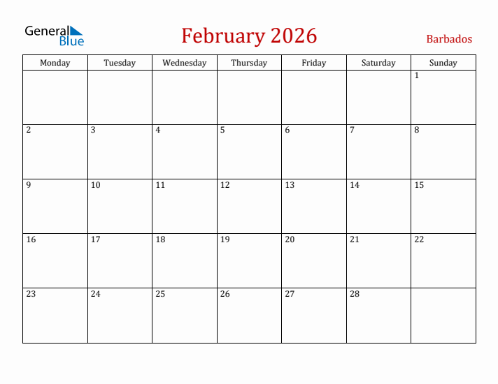 Barbados February 2026 Calendar - Monday Start