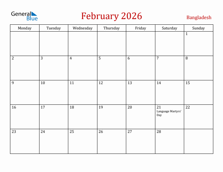 Bangladesh February 2026 Calendar - Monday Start