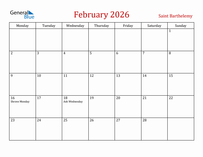 Saint Barthelemy February 2026 Calendar - Monday Start