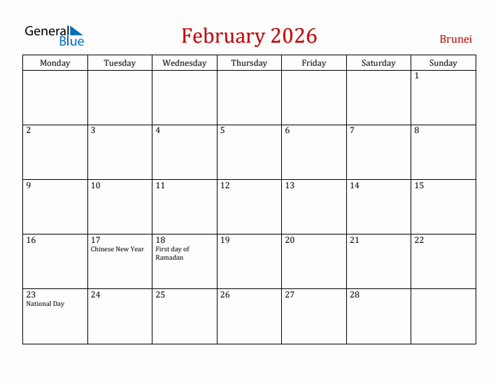 Brunei February 2026 Calendar - Monday Start