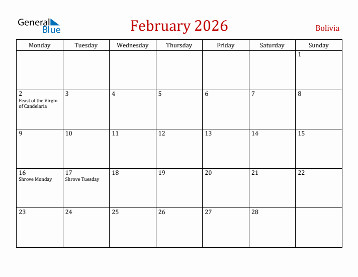 Bolivia February 2026 Calendar - Monday Start