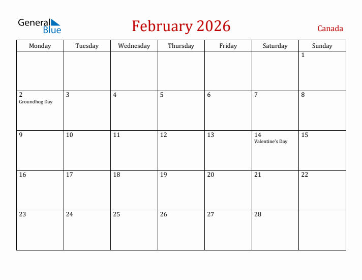 Canada February 2026 Calendar - Monday Start