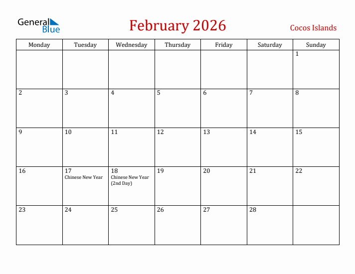 Cocos Islands February 2026 Calendar - Monday Start