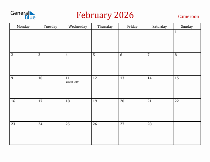 Cameroon February 2026 Calendar - Monday Start