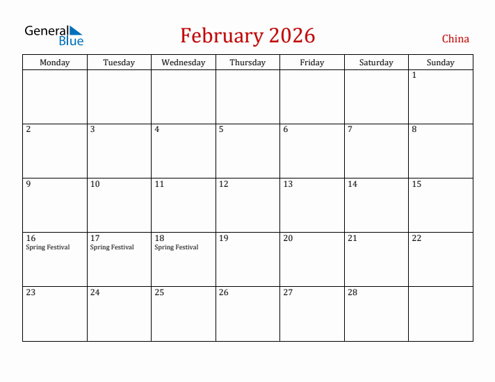 China February 2026 Calendar - Monday Start