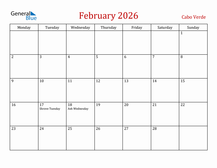 Cabo Verde February 2026 Calendar - Monday Start