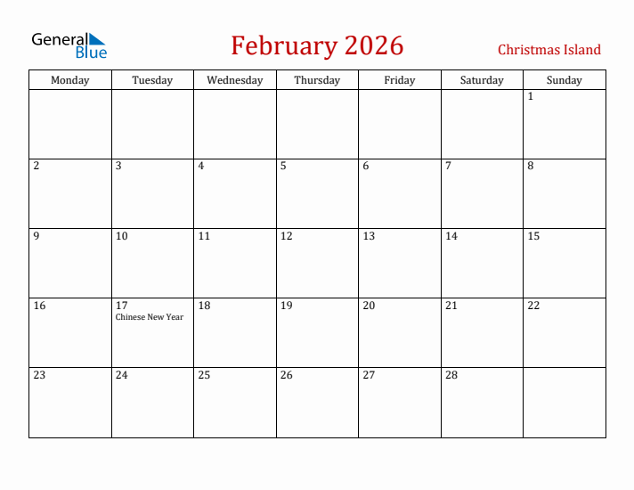 Christmas Island February 2026 Calendar - Monday Start
