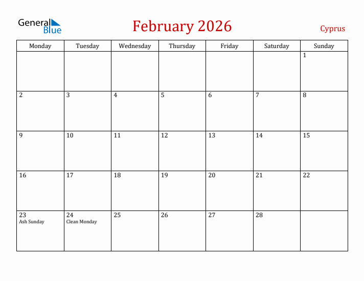 Cyprus February 2026 Calendar - Monday Start