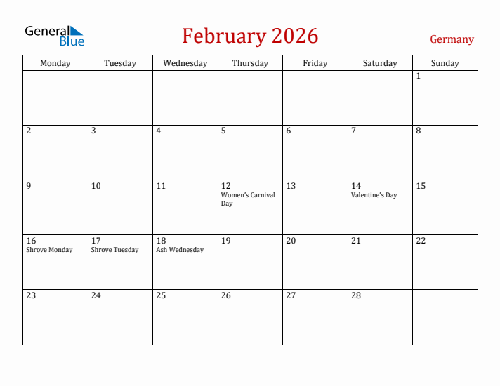 Germany February 2026 Calendar - Monday Start