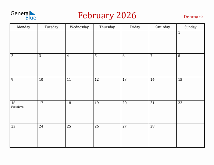 Denmark February 2026 Calendar - Monday Start