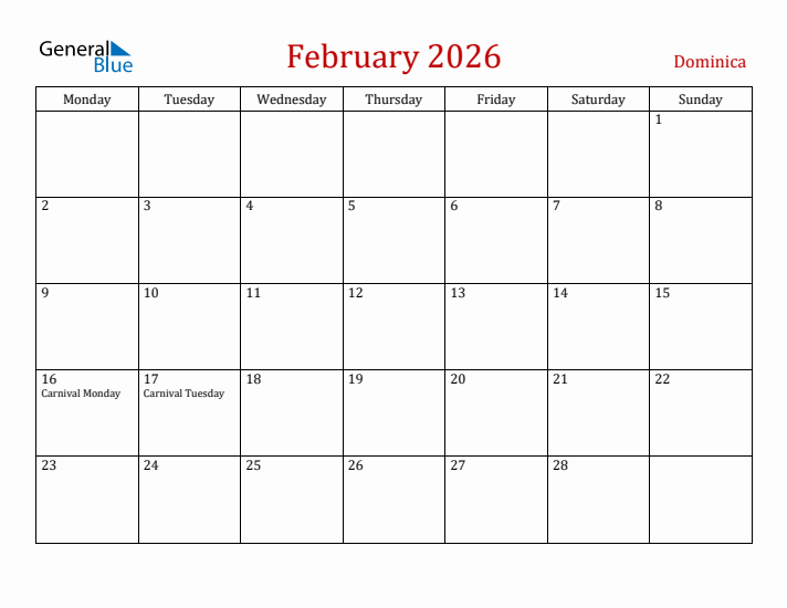 Dominica February 2026 Calendar - Monday Start