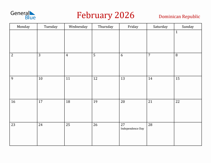 Dominican Republic February 2026 Calendar - Monday Start